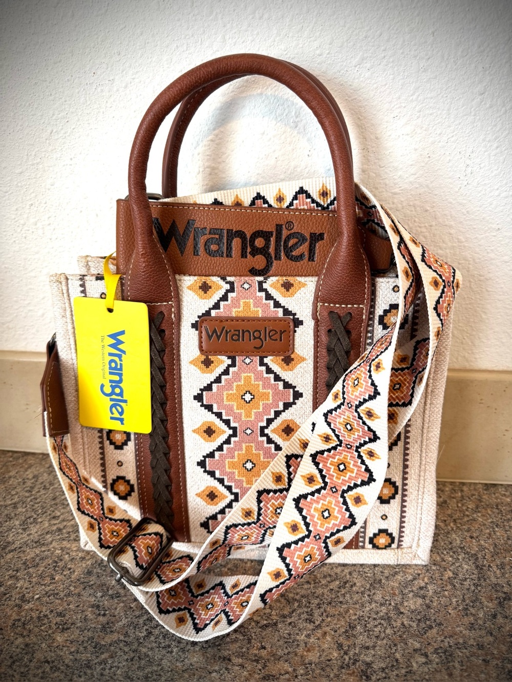 Wrangler Tan & Cream Embroidered Tote with detachable Patterned Strap